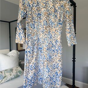 J McLaughlin Long Sleeve Blue and Tan Printed Shift Dress